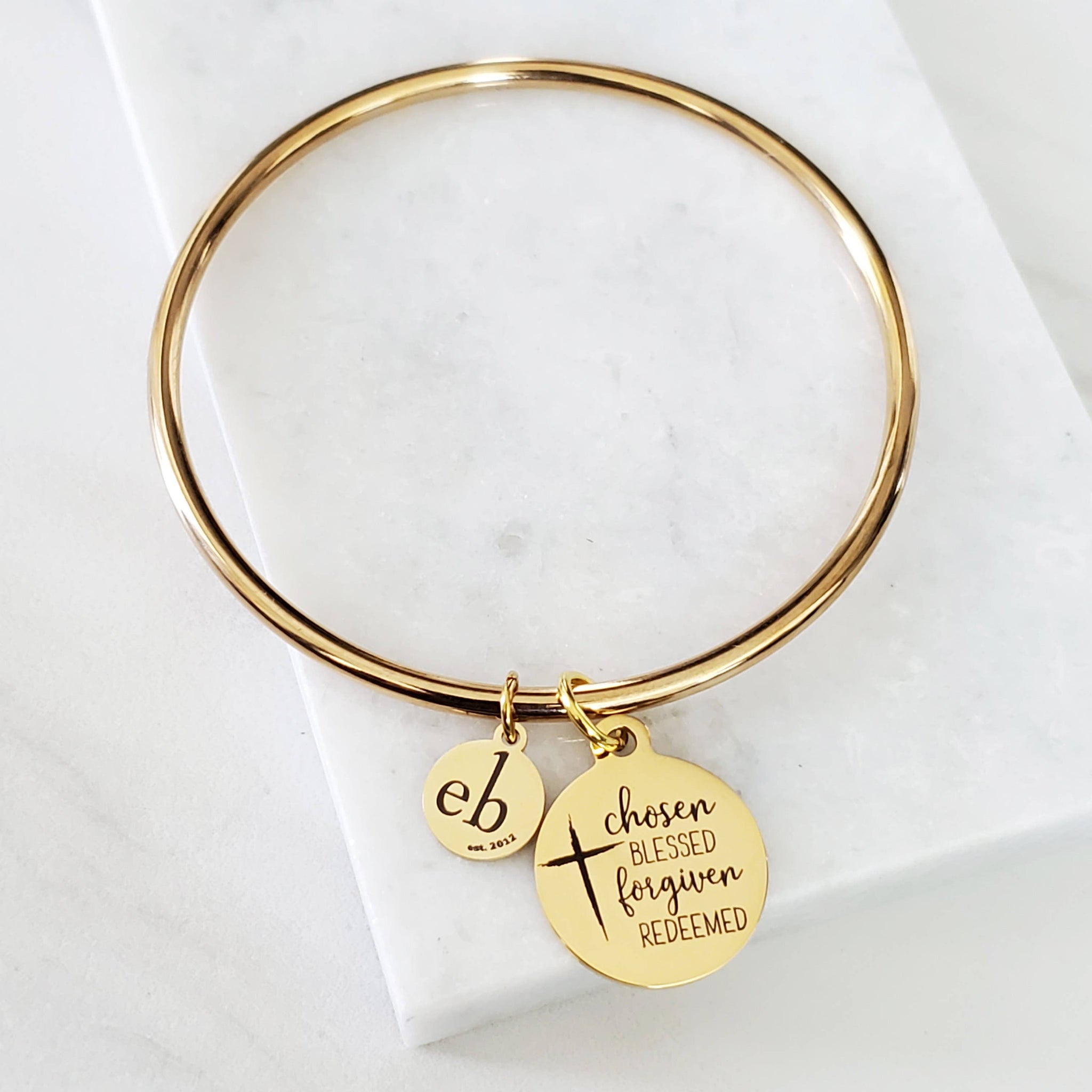 Chosen Blessed Forgiven Redeemed Religious Gold Charm Bangle