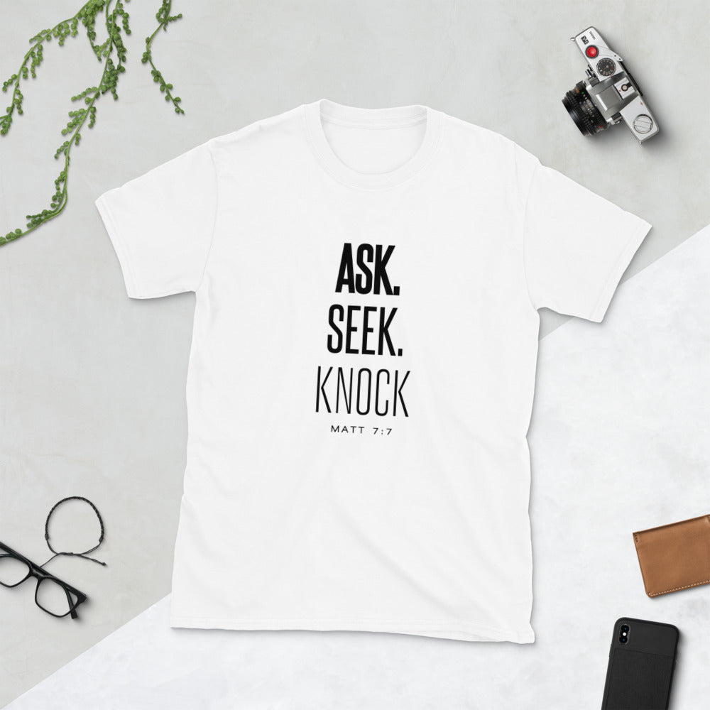 Ask Seek Knock t-shirt mockup